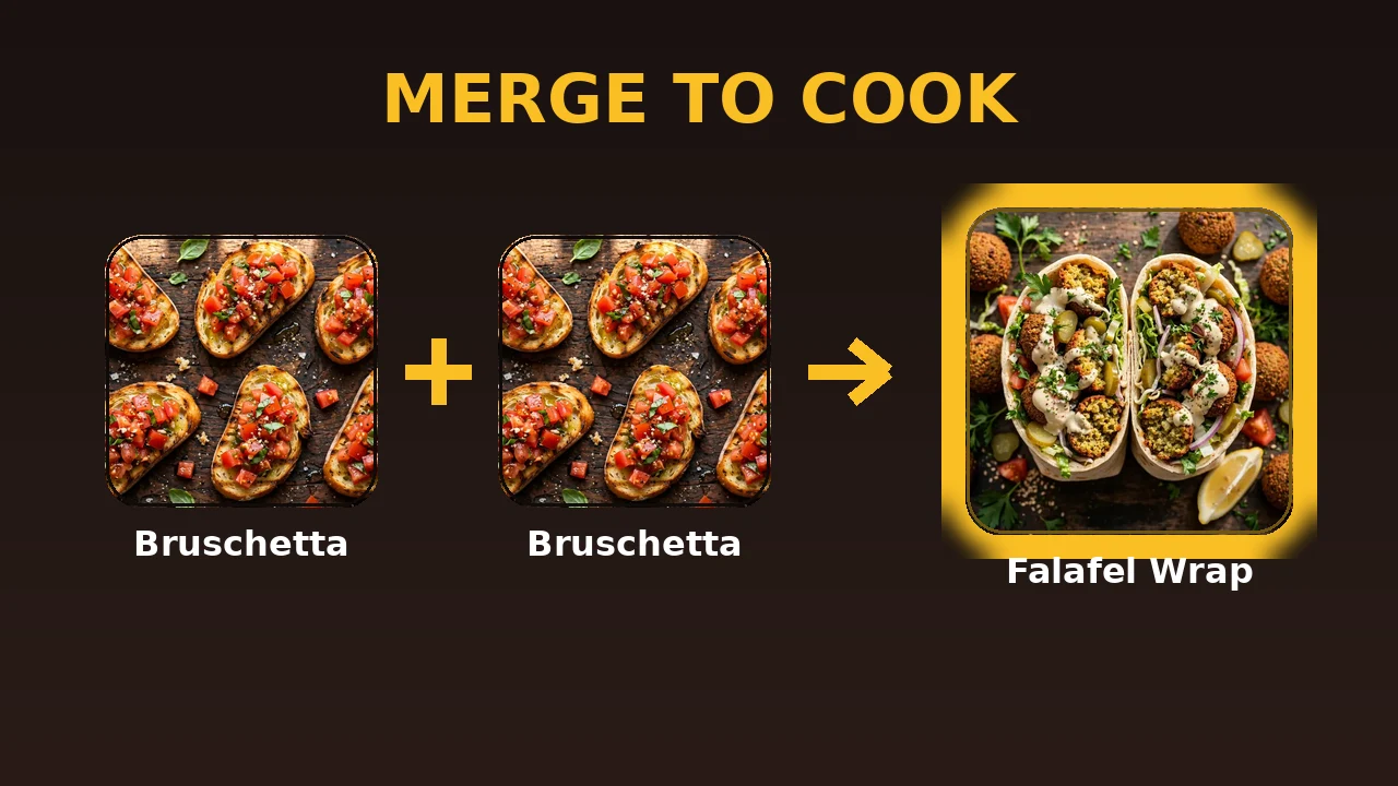 Merge Kitchen — merge two Bruschetta into a Falafel Wrap and cook your way to a Seafood Paella feast